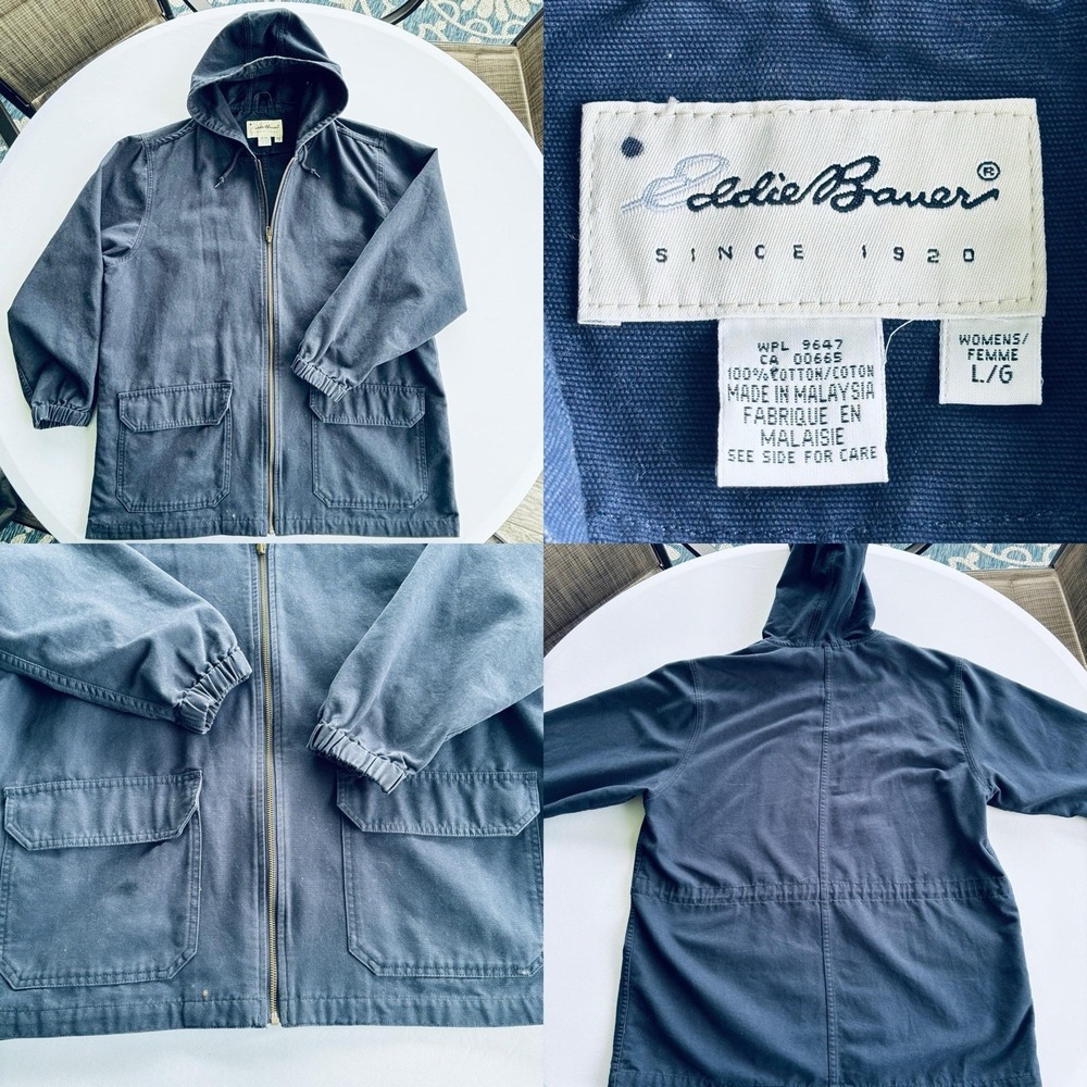 Eddie Bauer Women's Hooded Canvas‎ Jacket Blue L 100% Cotton Utility Coat
